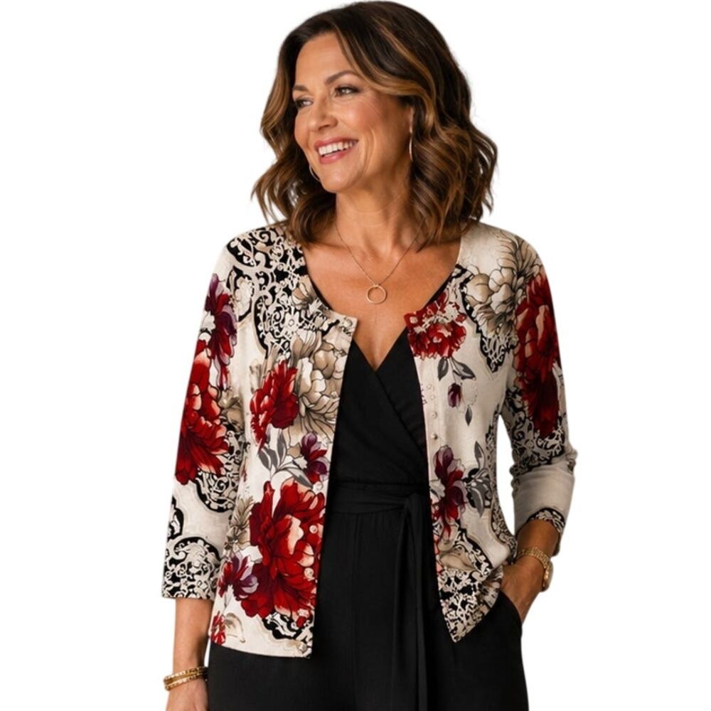 WHBM Floral Snap Cardigan Womens Medium White Red V-Neck Lightweight Topper
